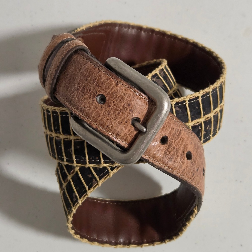 Torino Mens Brown Leather Natural Cork Grid Belt 36 Made in USA 65270